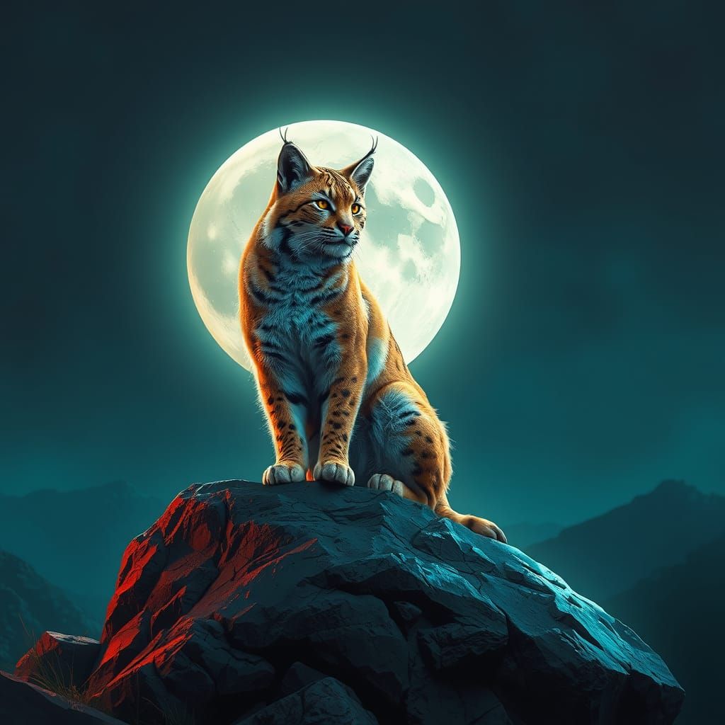 Moonlit Bobcat in Vibrant Triadic Hues
