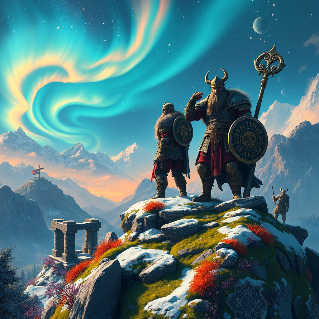 Epic Norse Warriors Conquer a Futuristic Mountain Peak
