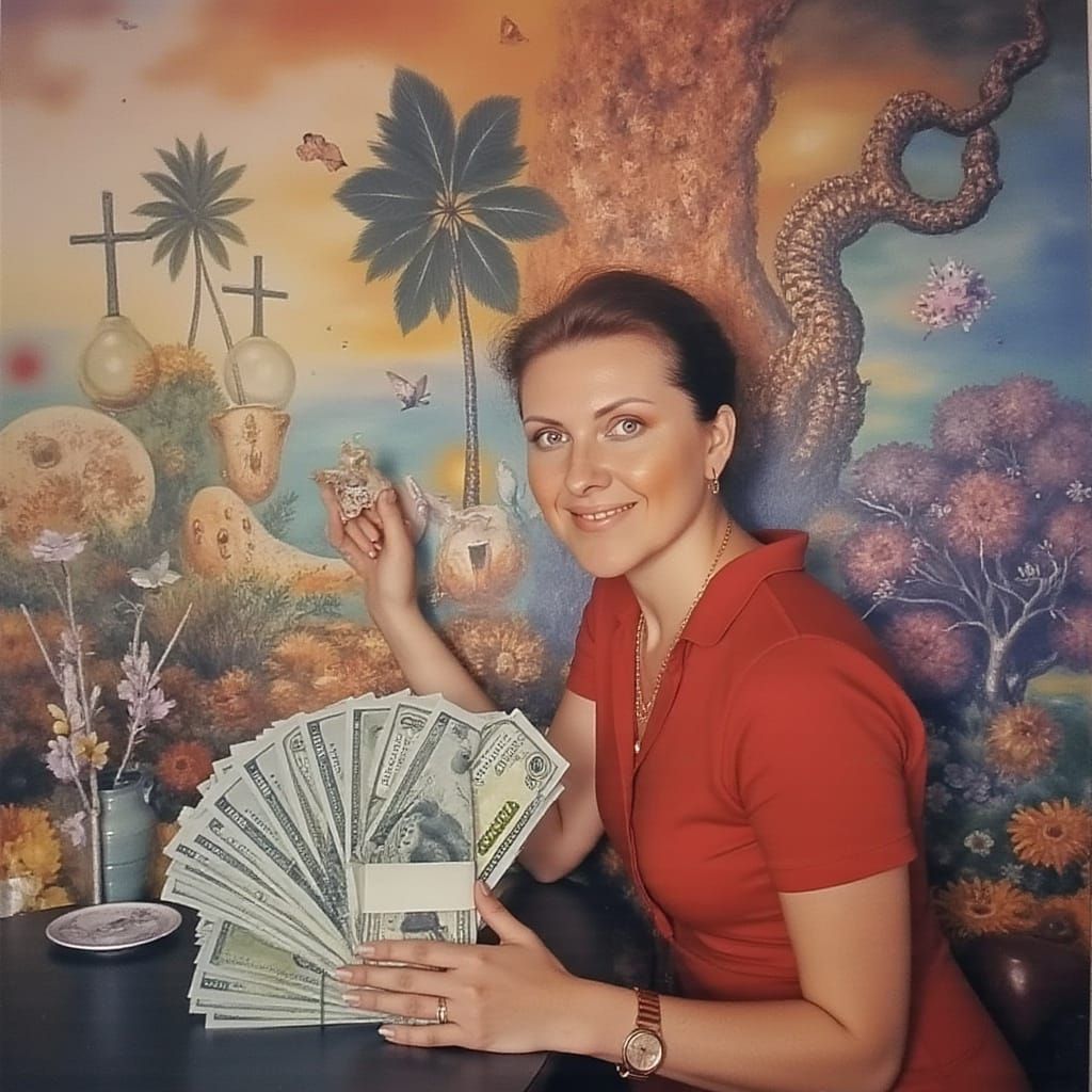 Woman Holds Massive Money Block in Cafe, Surrealist Style