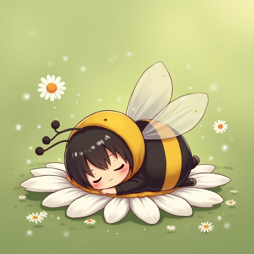 Chibi Bumblebee Sleeping on Daisy