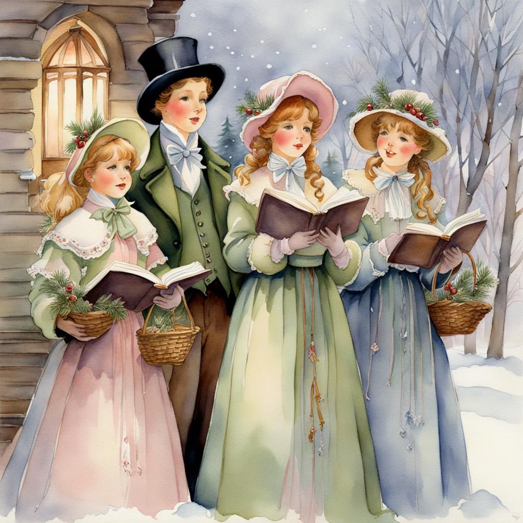 Victorian Carolers in Pastel Watercolor Style
