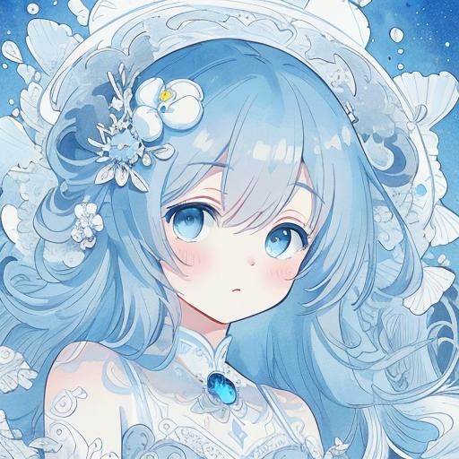 Blue Haired Girl in Ink and Wash Style