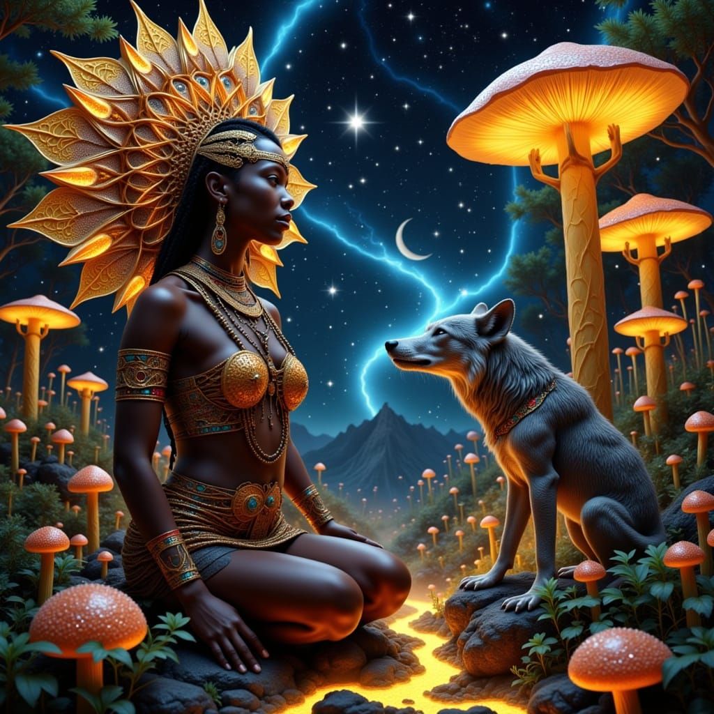 Enchanted Shamaness Under Starry Skies in Hyperrealistic Fan...