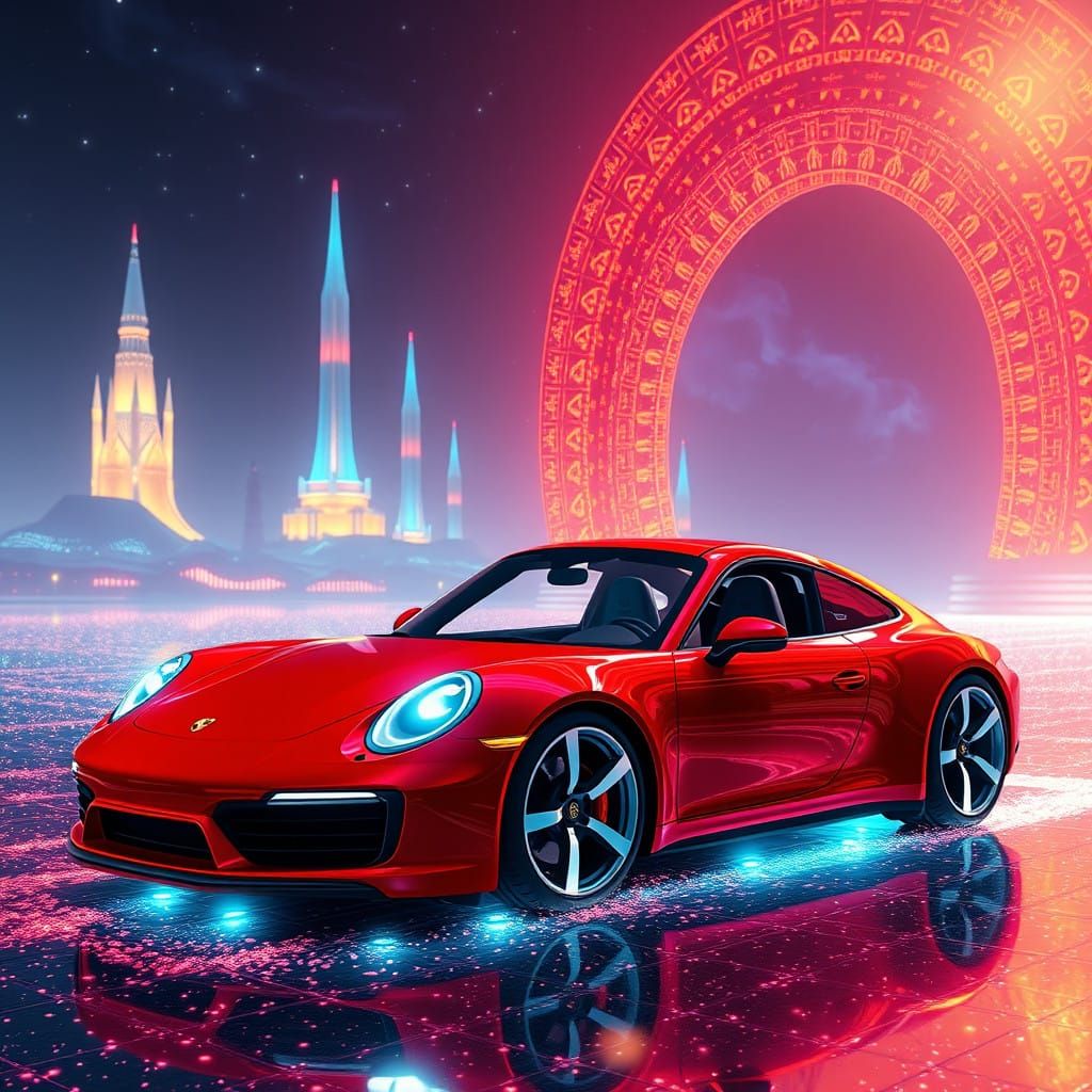 Sleek Red Porsche 911 Illuminated by Ethereal Lights