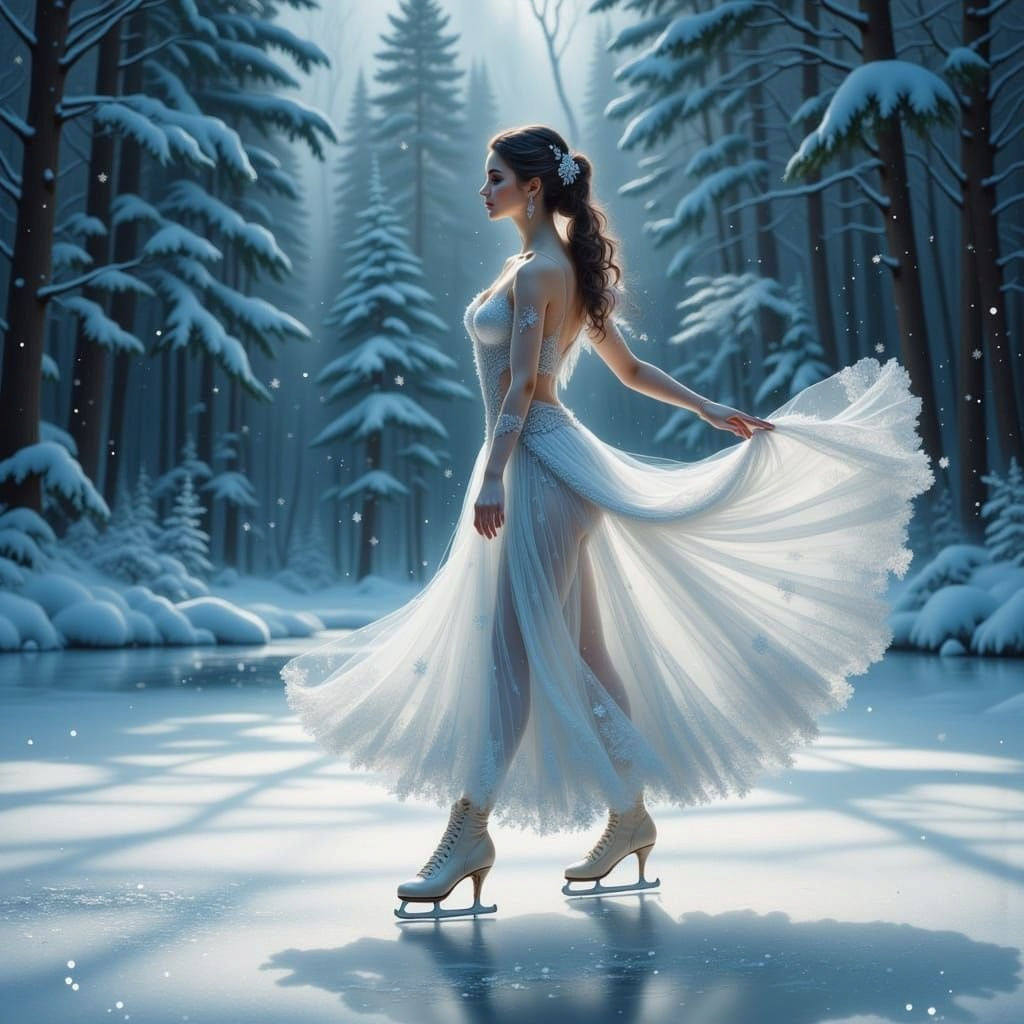 Woman Gracefully Figure Skating in Winter Forest