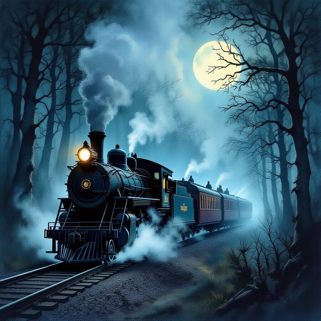 Spectral Train in Haunted Forest, Gothic Fantasy Art