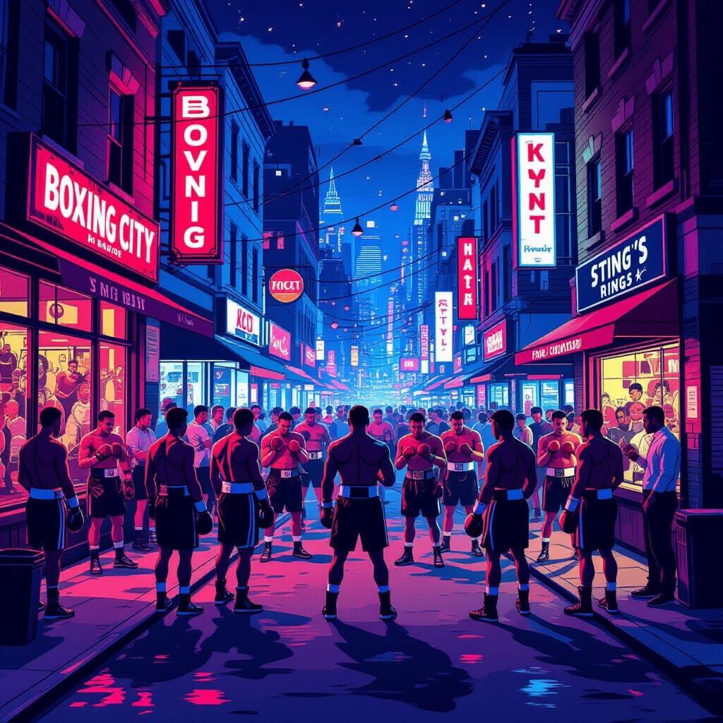 Vibrant Boxing Town Street Scene in Stylized Art