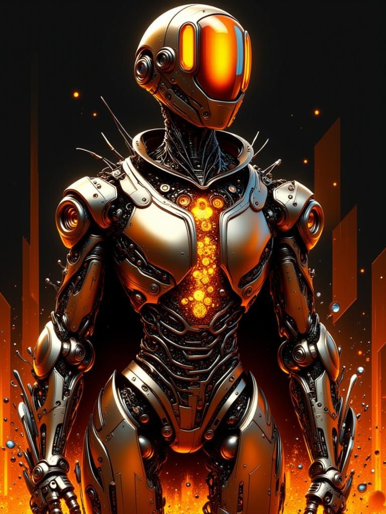 Sculptural Robot of Synthetic Authority in Sunset Orange