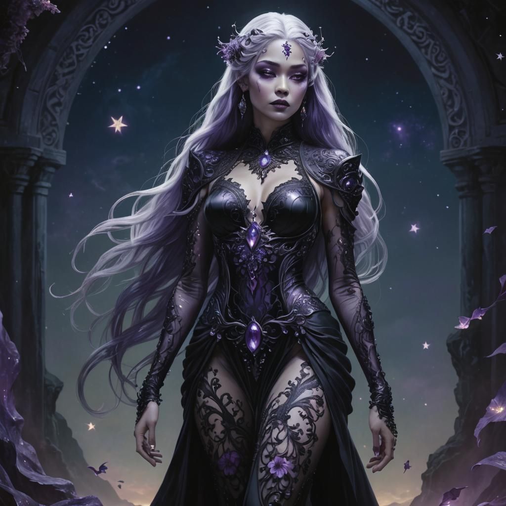 Obsidian Woman in Black Gown with Celestial Backdrop