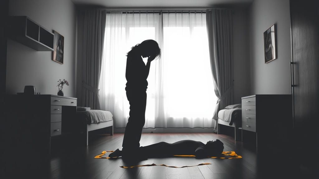 Weeping Figure in Monochrome Apartment Scene