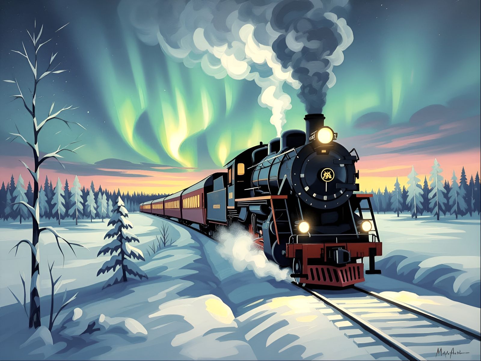 Northern Lights Over Steam Train in Frozen Finnish Winter