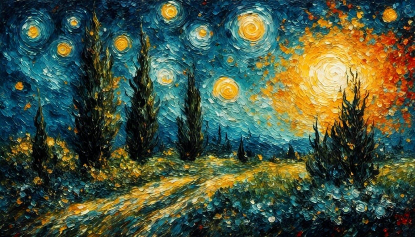 Van Gogh Style Abstract Starry Night with Cypress