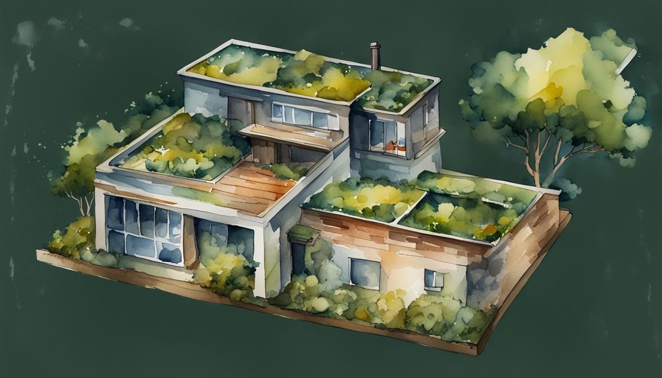 Watercolor House with Roof Garden on Hill