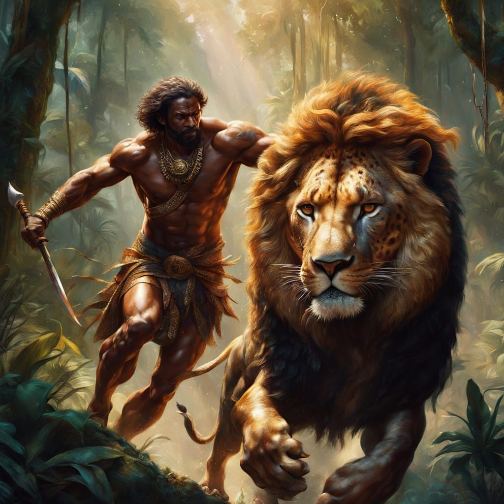 Man Wrestles Lion in Jungle, Rembrandt Style