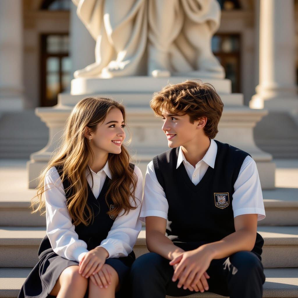 Love at First Sight: Teenagers on School Steps in Golden Hou...