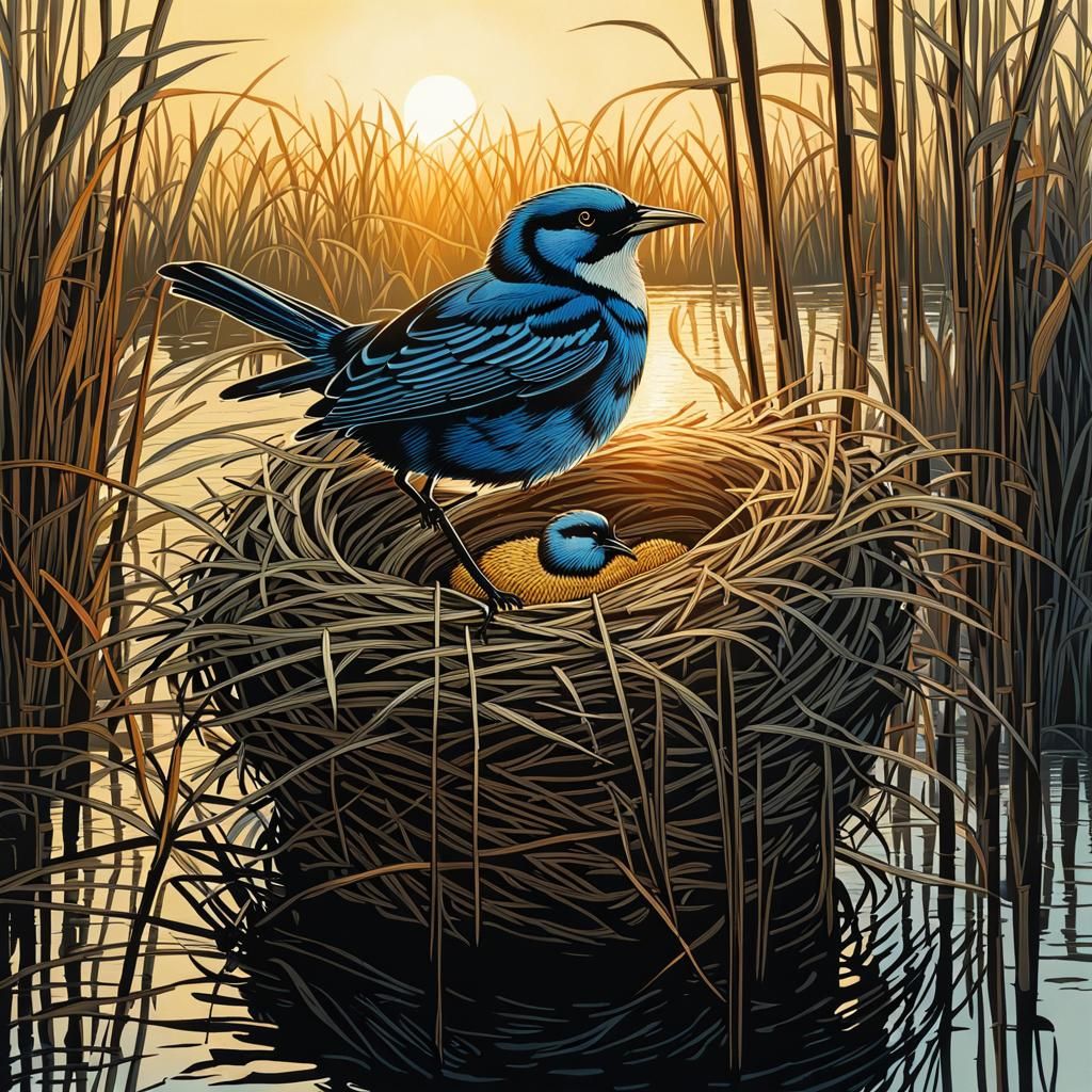 Bird on Nest in Reeds Woodcut Style