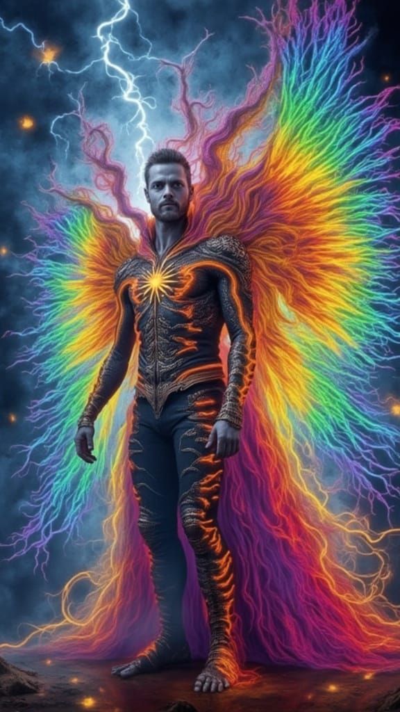 Man as Angel with Rainbow Lightning Wings