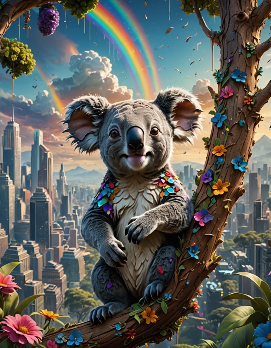 Joyful Koala Holding Rainbows: Fantasy Concept Art