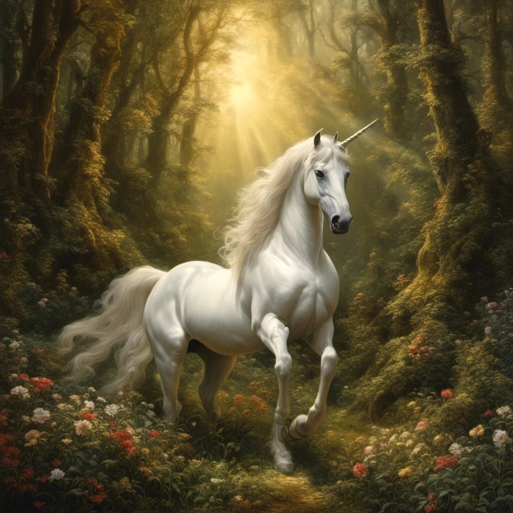 Unicorn in Spring Forest: Pyrography Retro Style