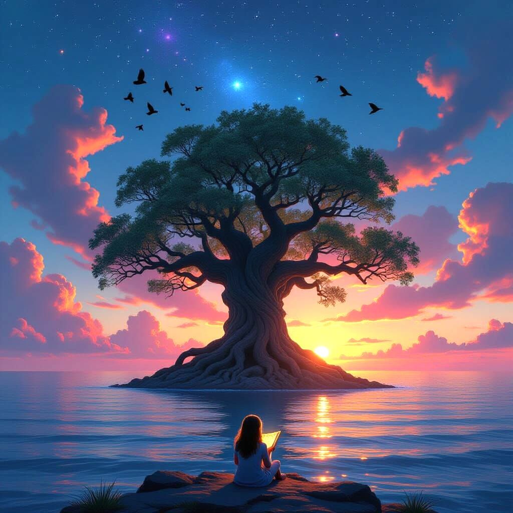 Magical Yggdrasil Tree Island at Sunset