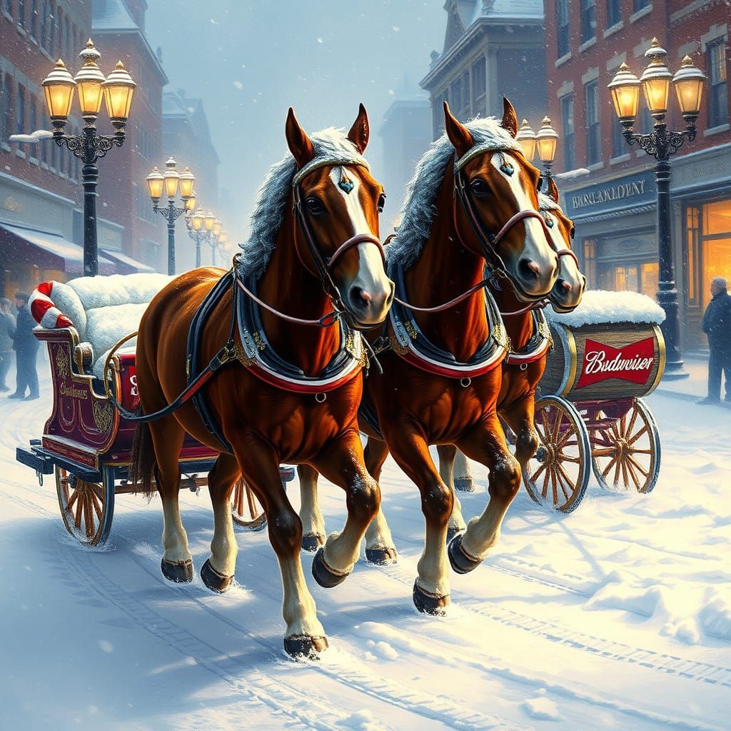 Majestic Clydesdales Pull Snowy Boston Beer Sleigh through W...