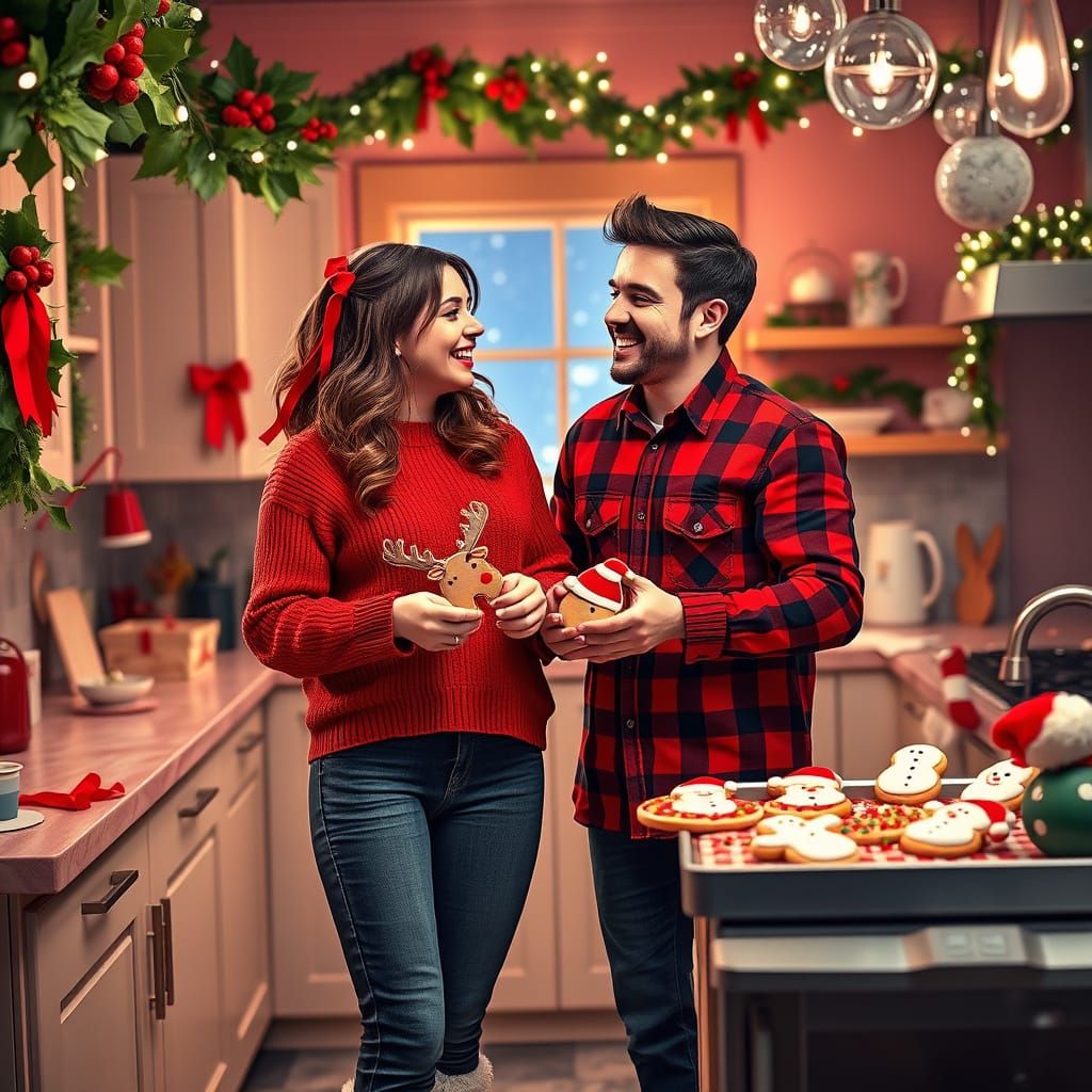 Playful Christmas couple Standing in a vibrant festive kitch...