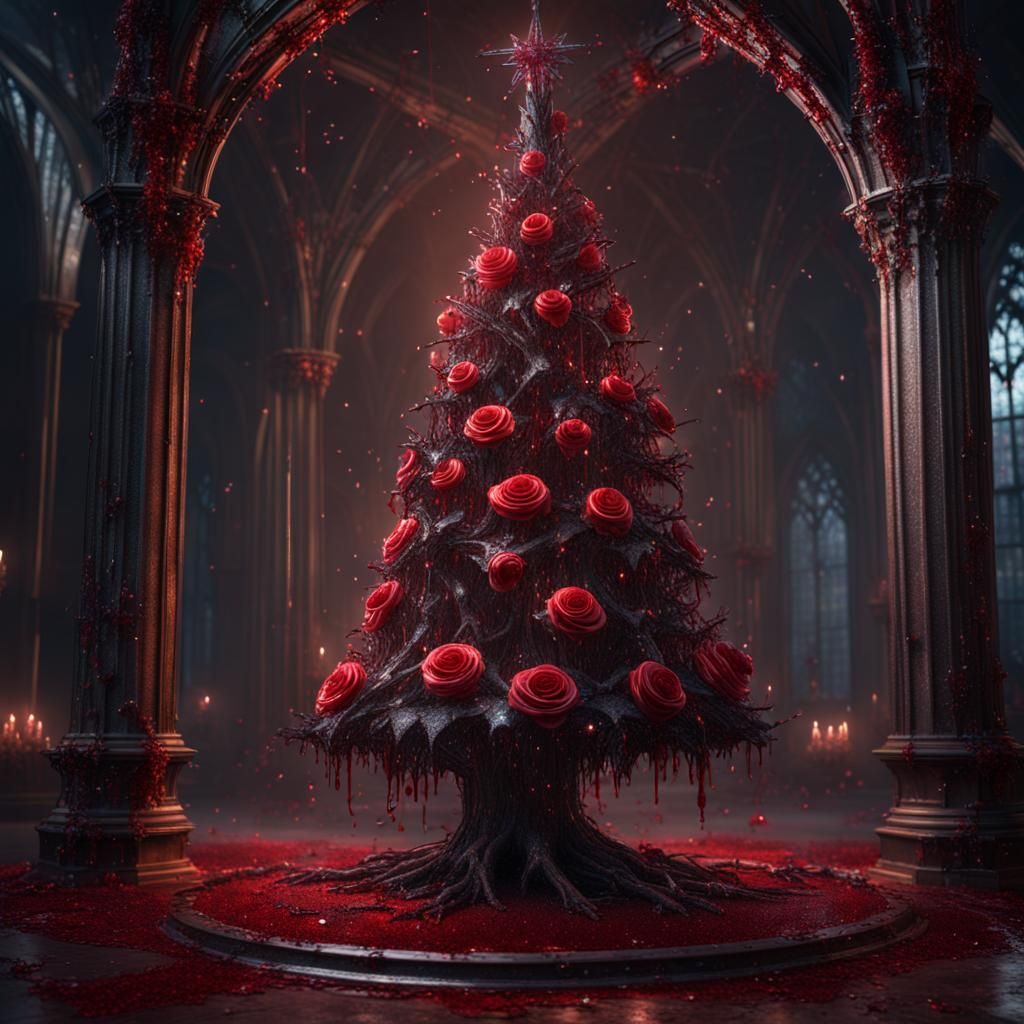 Gothic Christmas Tree with Dripping Rose Ornaments
