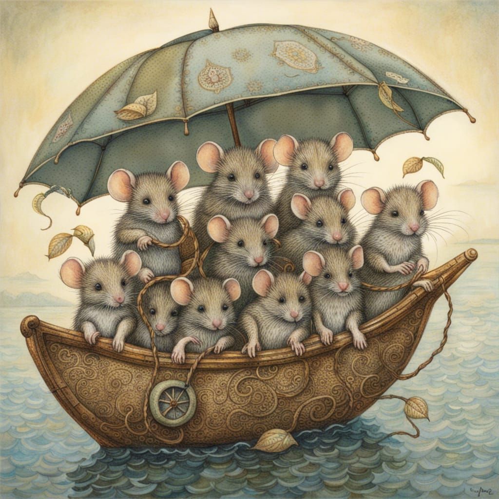 Mouse Family's Umbrella Boat Adventure