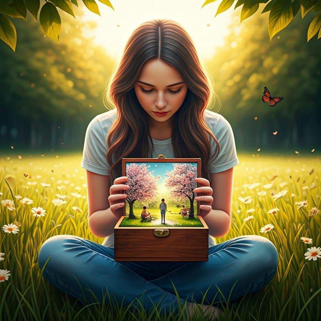 Young Woman Contemplates Miniature World Within Wooden Box