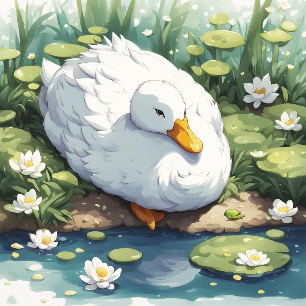 Sleeping White Duck in Anime Style