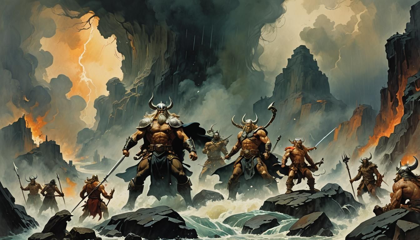 Ragnarök: Odin, Thor and Loki in Abstract Watercolour