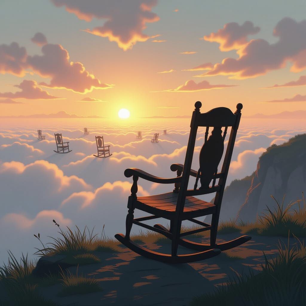 Antique Rocking Chair on Misty Cliff at Sunrise