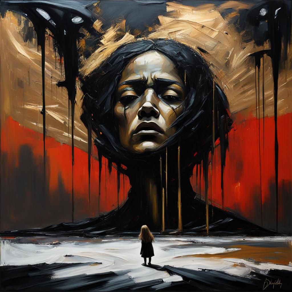 Colossal Dark Figure Over Child: Expressionist Oil Painting