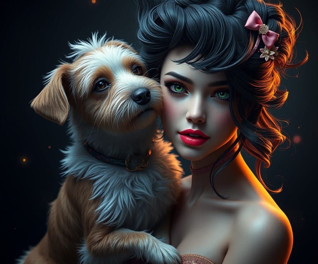 Dog Creates Elegant Hairstyle for Beautiful Woman in Fantasy...