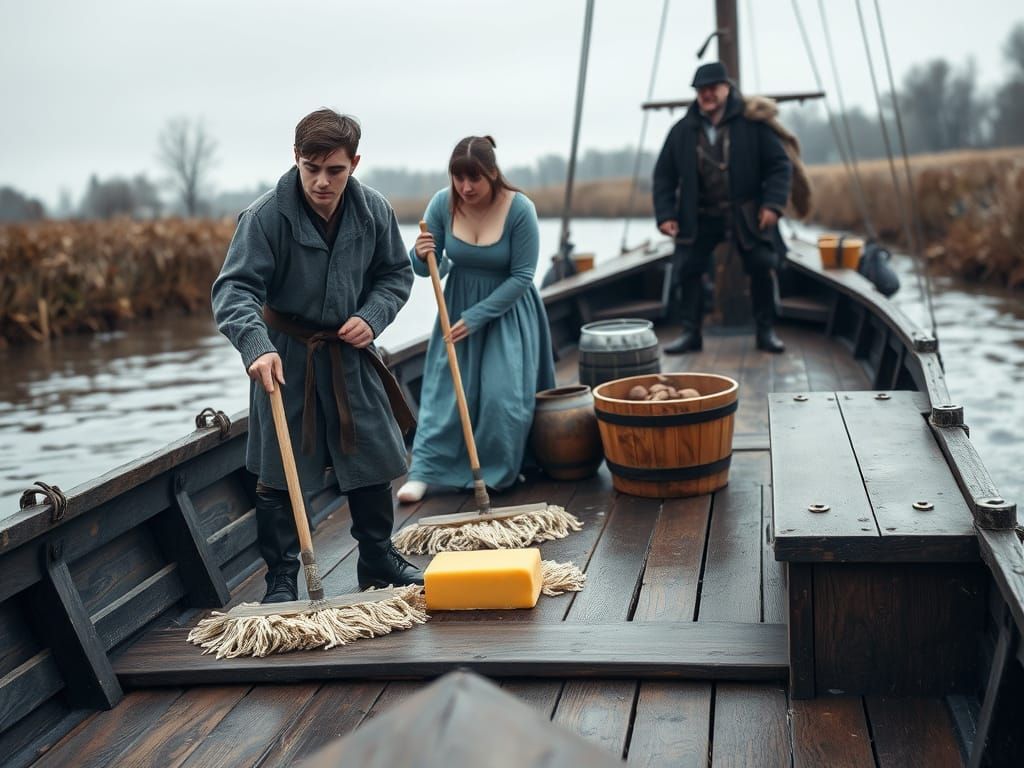 Medieval River Barge Crew in Winter Landscape