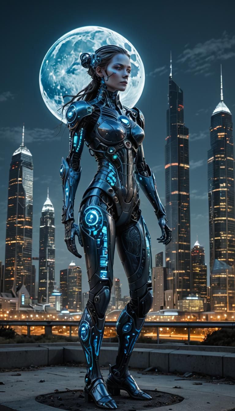 Biomechanical Sci-Fi Beauty in Dark Cityscape