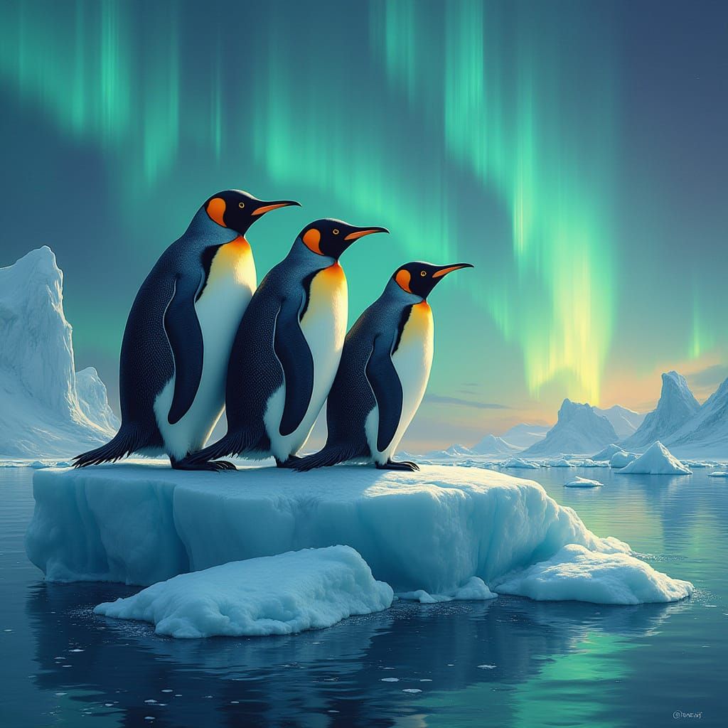 Art Nouveau Penguins Under Aurora Australis