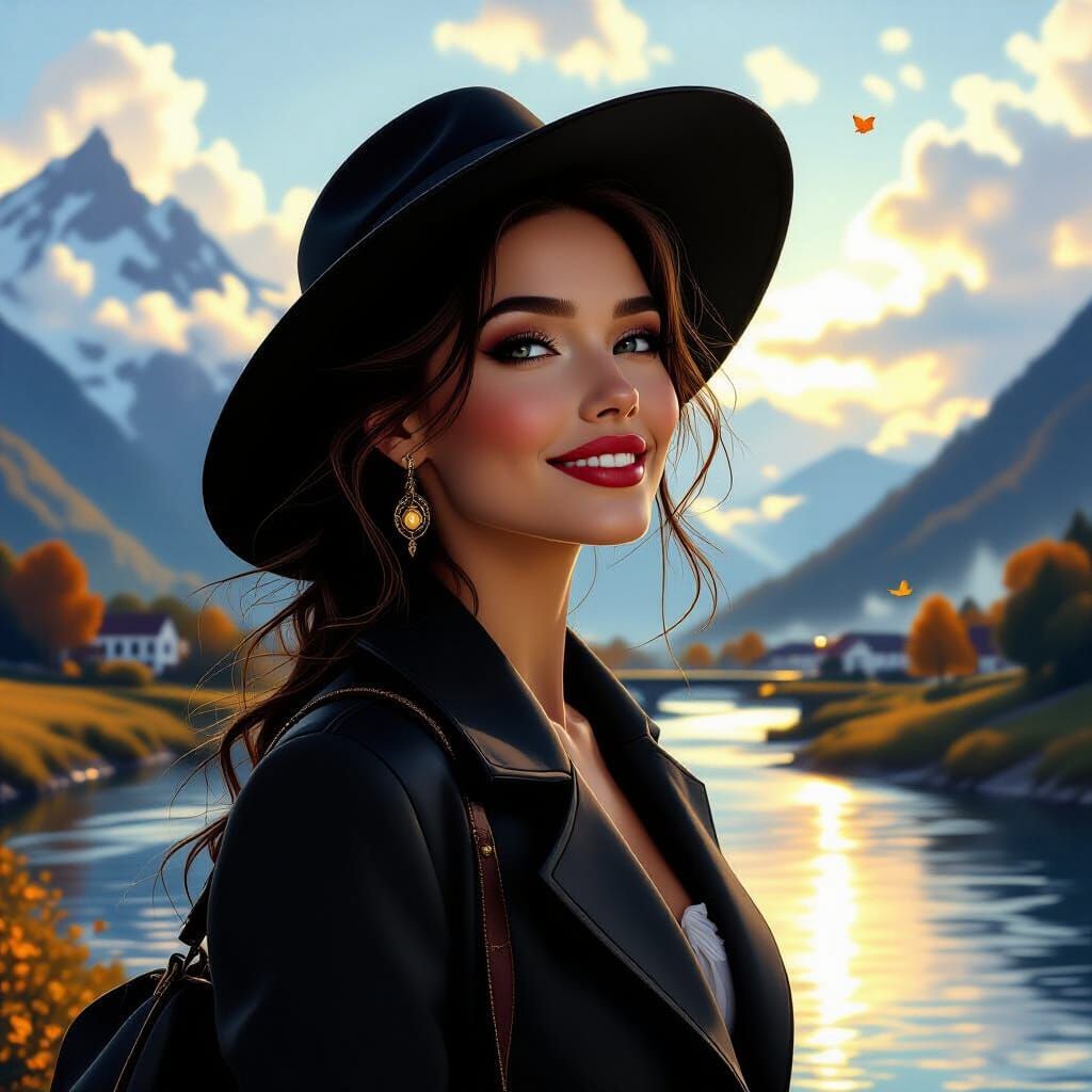 Woman in Coat and Hat by River with Golden Neon Light