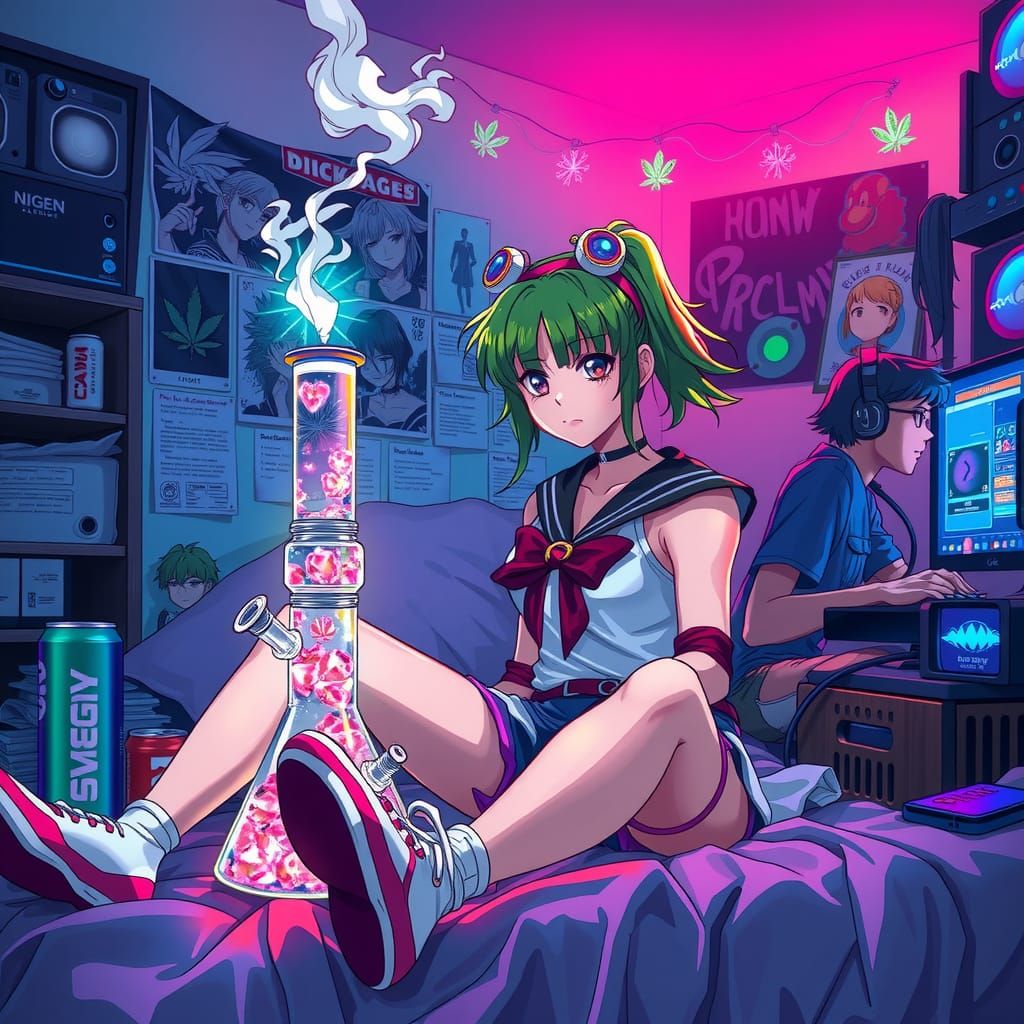 Gamer Girl Smoking Bong in Studio Trigger Anime Style