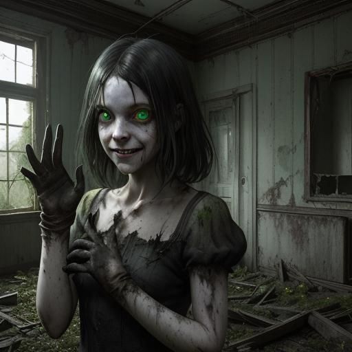 Sinister Girl with Green Eyes in Ruined House