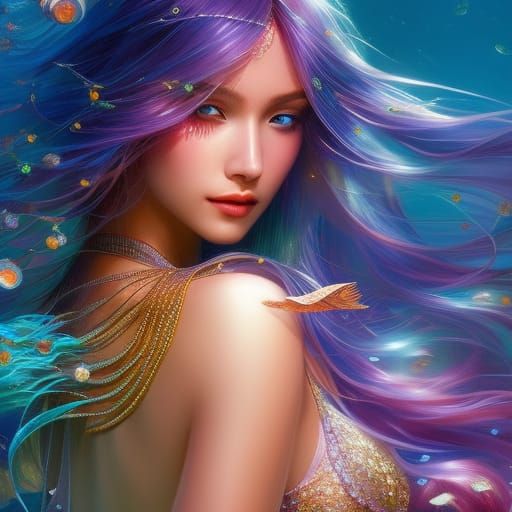 Beautiful Mermaid Underwater in Neo-Impressionism Style