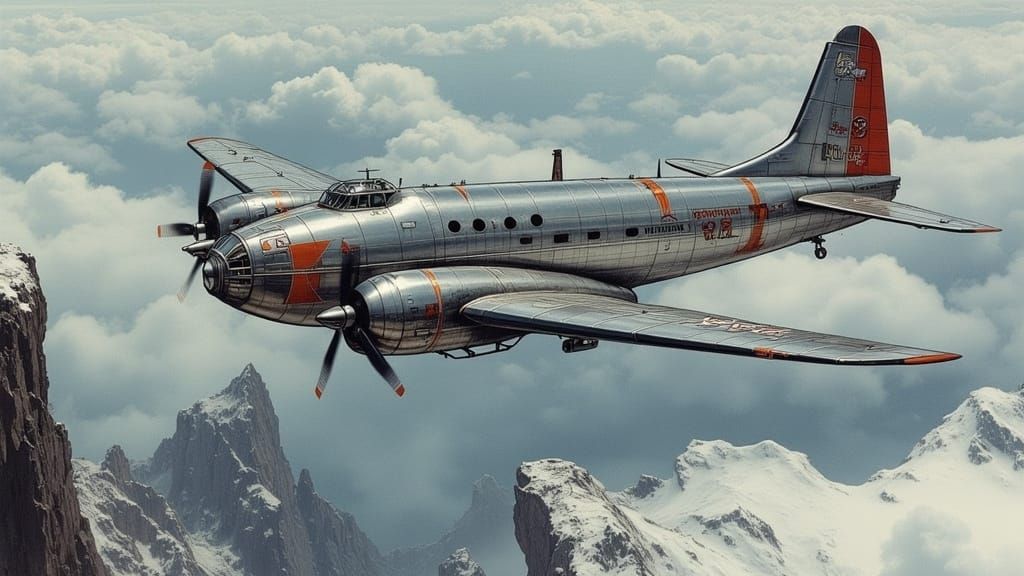 Vintage Airliner Ascends Over Cliffs in Retro-Futuristic Sty...