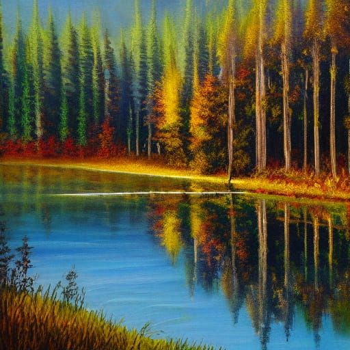 Forest Lake with Sunrays: Warm Oil Painting