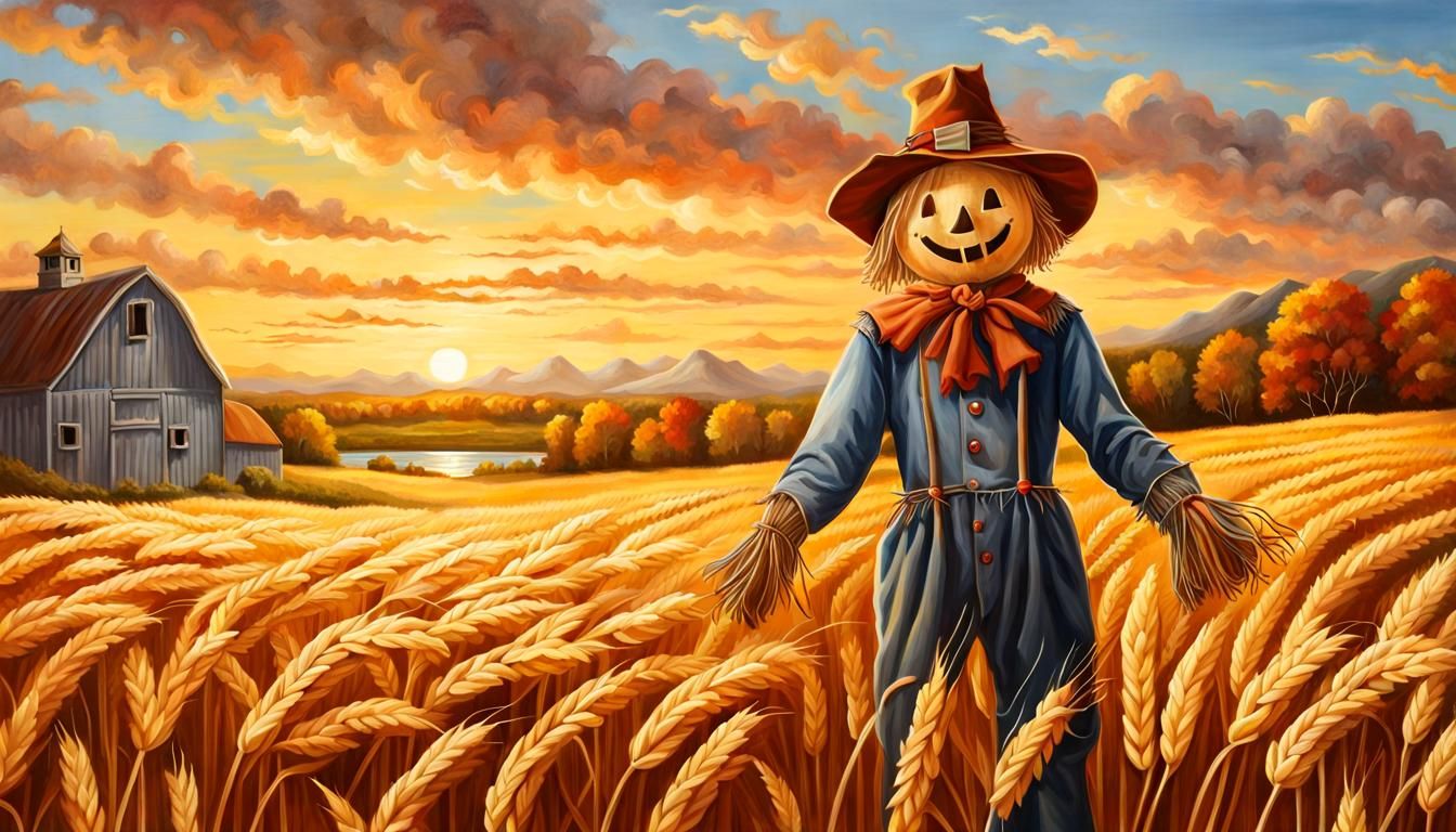 Harvest Scarecrow in Golden Field: Oil Painting