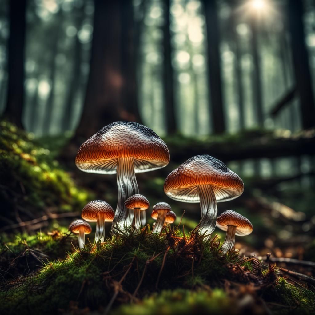 Crystal Mushrooms in a Hyperrealistic Forest
