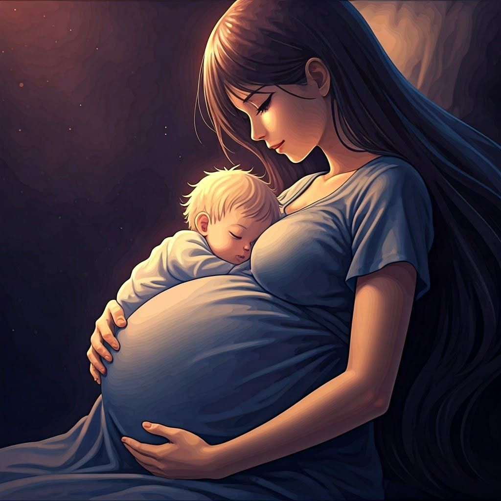 Pregnant Woman Cradling Baby in Anime Style