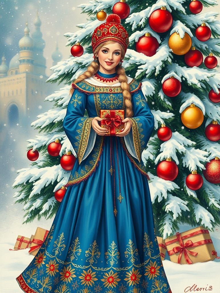 Slavic Snow Maiden Festive New Year Illustration