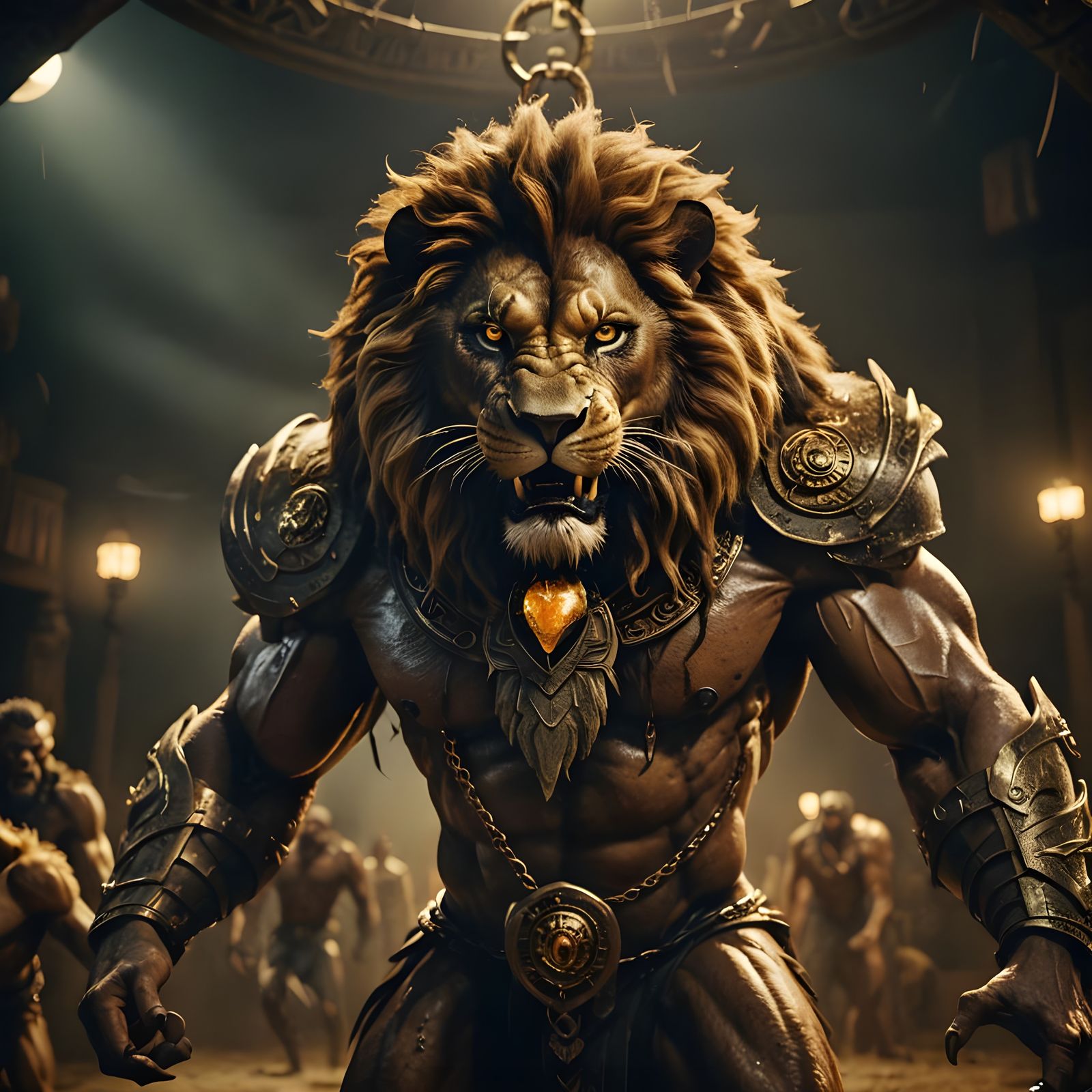 Lion-Headed Warrior in Boxing Ring: Cinematic Film Still