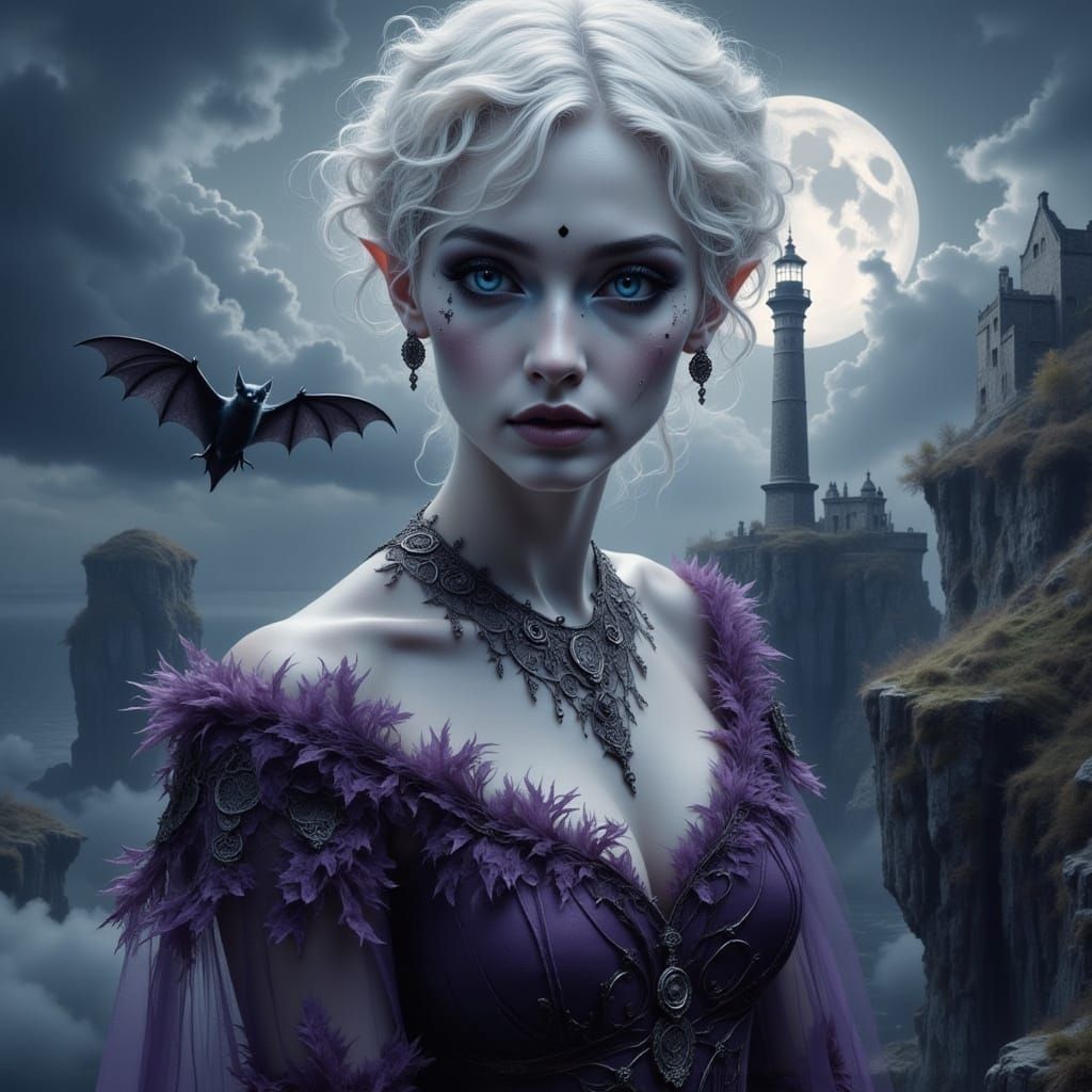 Gothic Vampire with Bat by Foggy Lighthouse