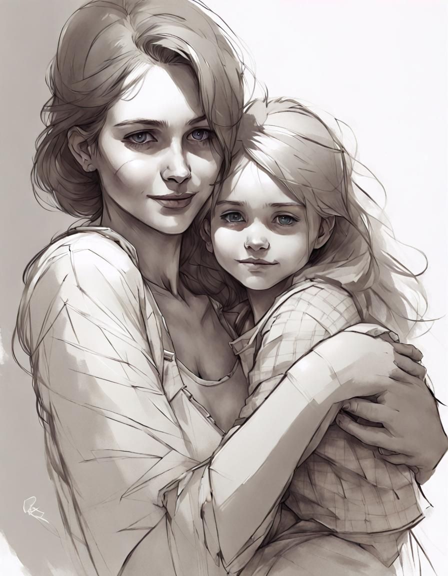 Girl Hugging Ragdoll: Tender Ink Sketch Portrait